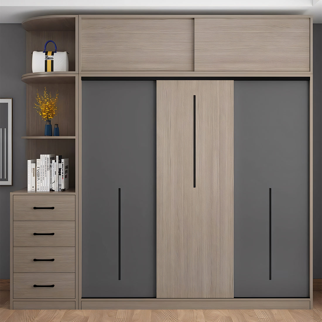 クローゼット スタイリッシュ モダン オープン収納 引き出し付き 扉付き収納 収納力抜群 大容量 エコ素材 メラミン化粧板 ハンガーパイプ 幕板付き 取っ手 YG-T090