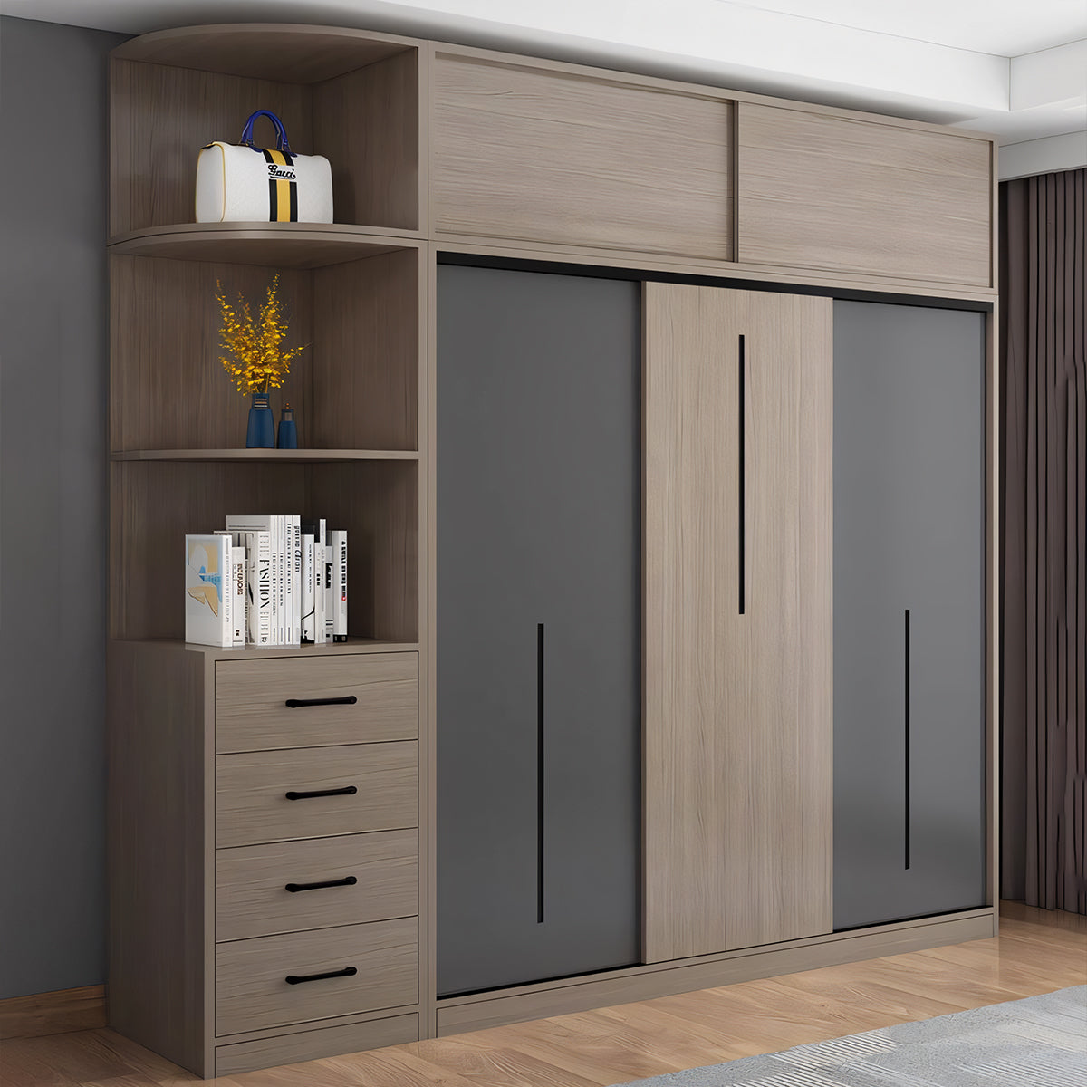 クローゼット スタイリッシュ モダン オープン収納 引き出し付き 扉付き収納 収納力抜群 大容量 エコ素材 メラミン化粧板 ハンガーパイプ 幕板付き 取っ手 YG-T090