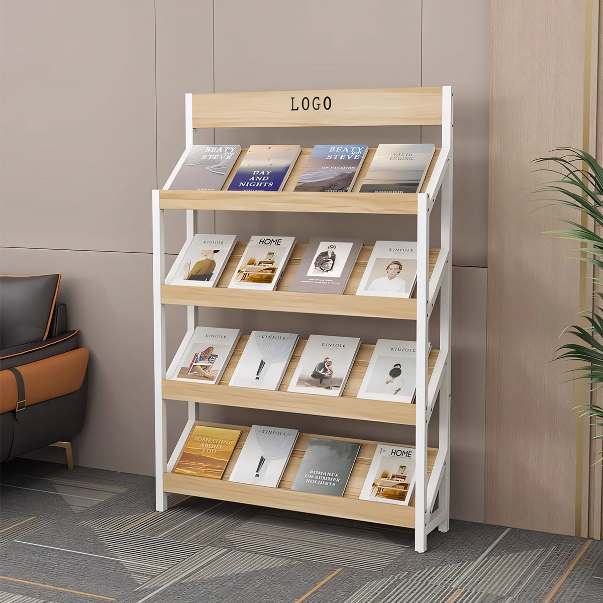 マガジンラック パンフレットスタンド 雑誌ラック オフィス収納 収納ラック 木目調 メラミン化粧板 スチールフレーム アジャスター付き カスタマイズ可能 ZZJ-T001