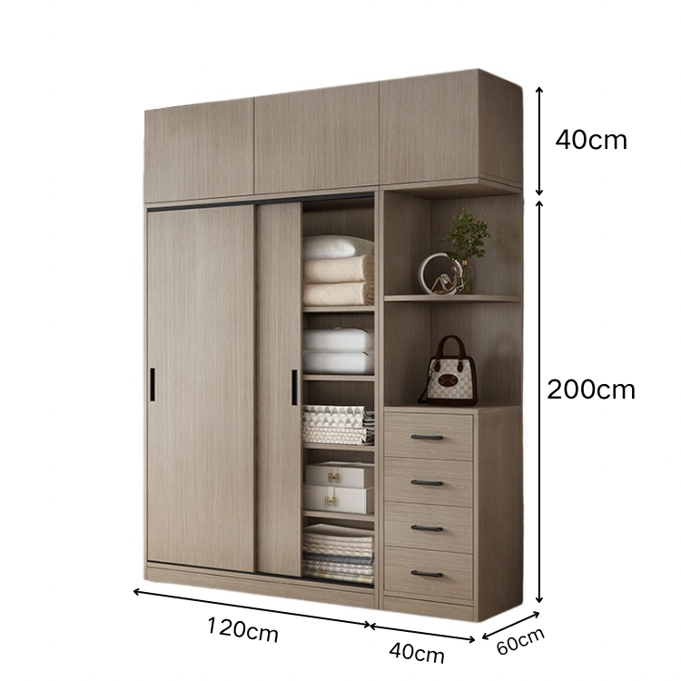 エコ板材 上置き収納 収納棚 大容量 分類収納 引き出し 物干し竿 引き戸 省スペース クローゼット 壁面収納 ワードローブ 多目的 実用 ウォールナット カスタマイズ可能 YG-K014