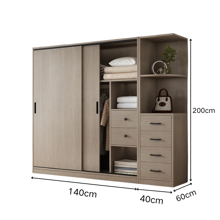 エコ板材 上置き収納 収納棚 大容量 分類収納 引き出し 物干し竿 引き戸 省スペース クローゼット 壁面収納 ワードローブ 多目的 実用 ウォールナット カスタマイズ可能 YG-K014