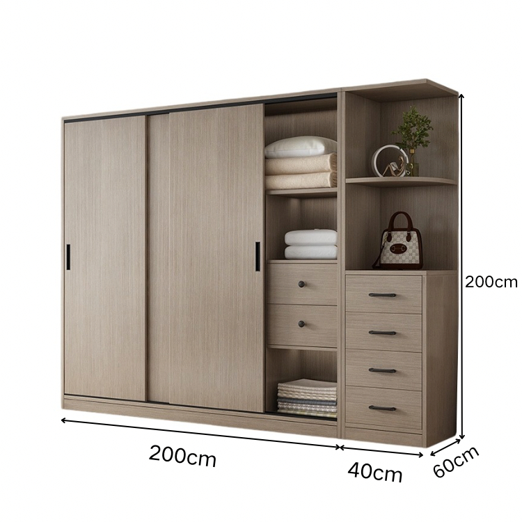 エコ板材 上置き収納 収納棚 大容量 分類収納 引き出し 物干し竿 引き戸 省スペース クローゼット 壁面収納 ワードローブ 多目的 実用 ウォールナット カスタマイズ可能 YG-K014