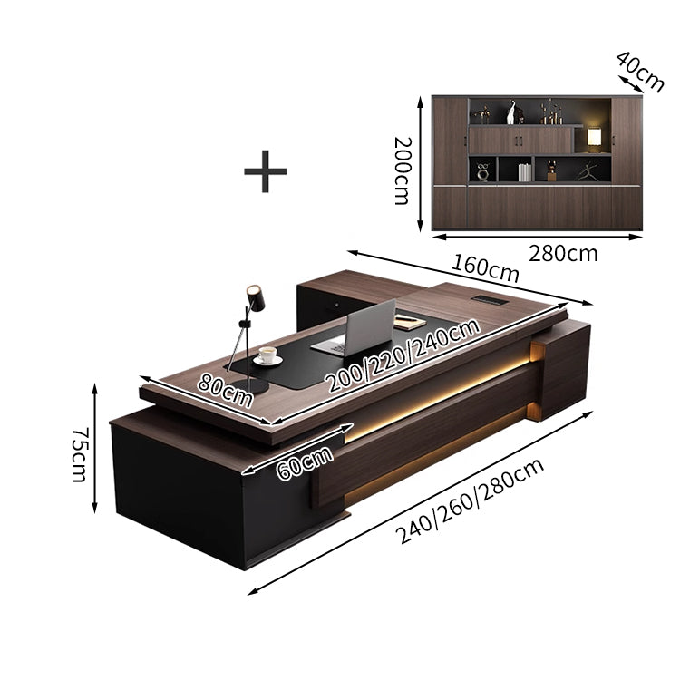 重厚感 高級感 贅沢 落ち着き LEDライト エグゼクティブデスク 役員デスク 社長机 L字デスク サイドキャビネット 大容量 メラミン化粧板 LBZ-T061
