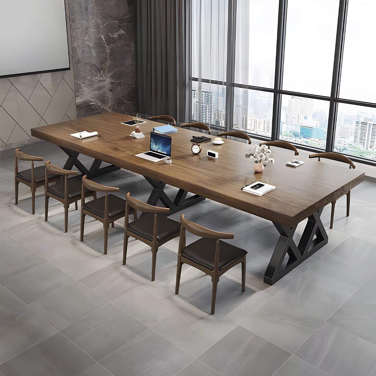 ミーティングテーブル オフィステーブル ミーティング テーブル 広い天板 分厚い アイアン製脚 高耐荷重 安定性 耐久性 木目調 重厚感 落ち着き 格調 優雅 カスタマイズ可能 HYZ-C078