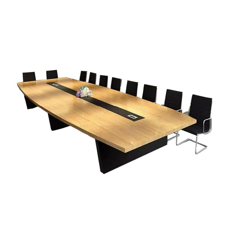 分厚い天板 配線ボックス 幅広 舟型天板 台形脚 安定性 会議テーブル ミーティングテーブル テーブル 木目調 自然な風合い 洗練 シンプル  カスタマイズ可能 HYZ-C041