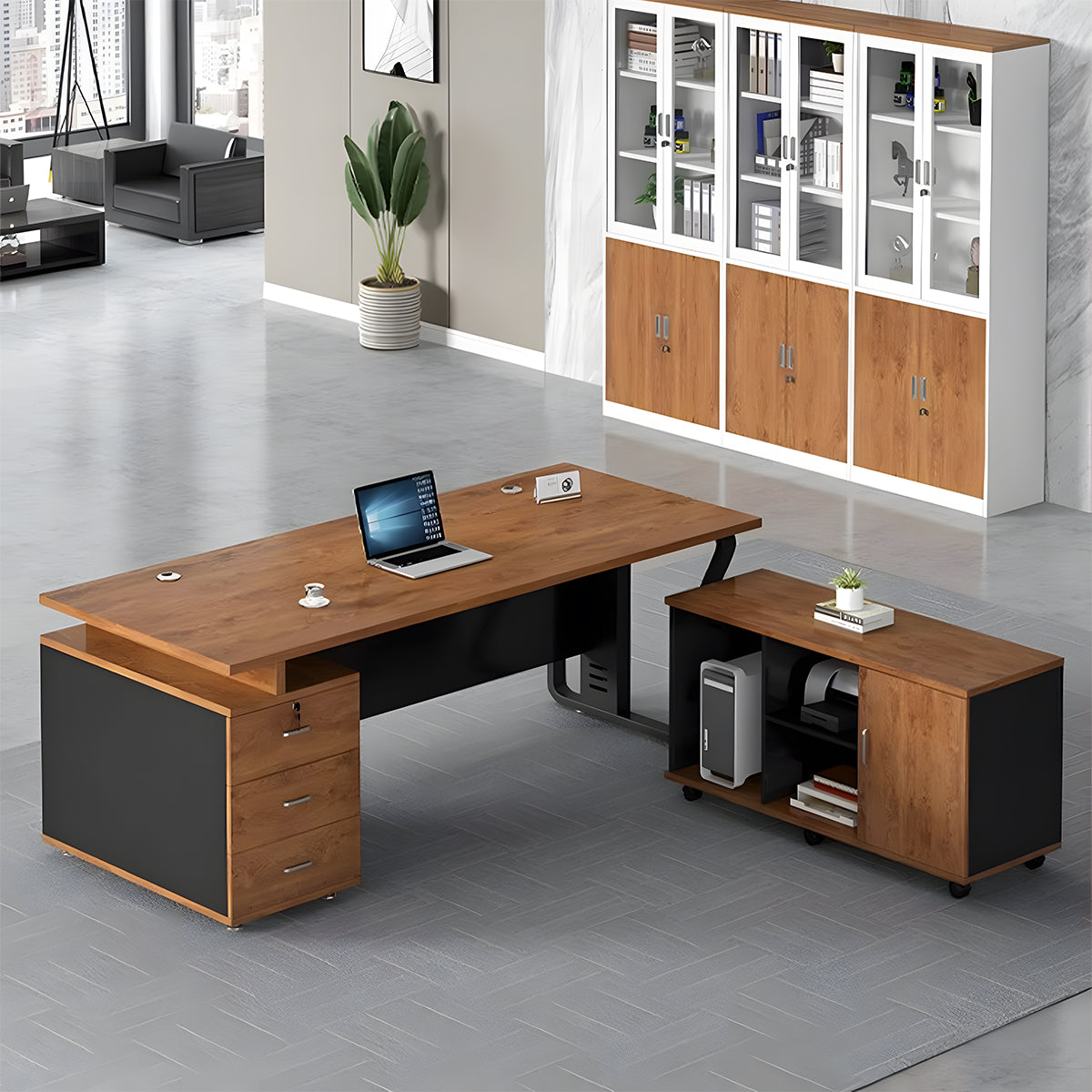 オフィスデスク　事務デスク　ワークデスク　木目調　配線穴付き　デスクワゴン　パネル付き　シンプル　カスタマイズ可能　BGZ-T176