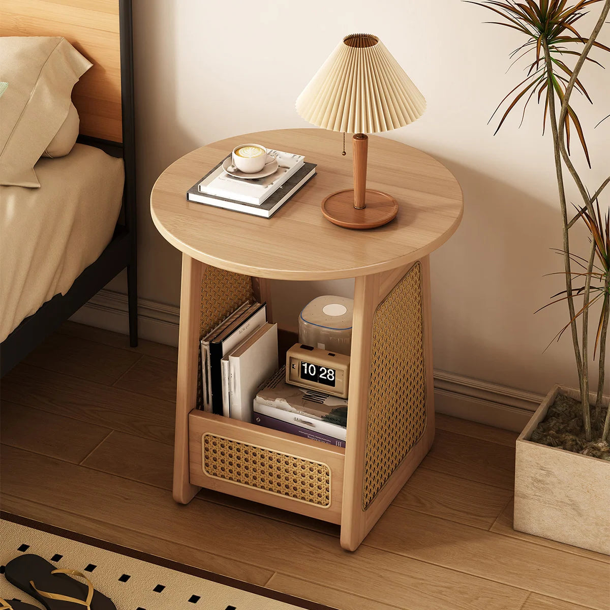 ベッドサイドテーブル　丸形サイドテーブル　ラタン収納キャビネット　寝室コーナー机　天然クルミ調板材　手編みラタンパネル　人間工学設計　多段区分収納　R加工　クルミブラウン　ナチュラル　SNG-S073