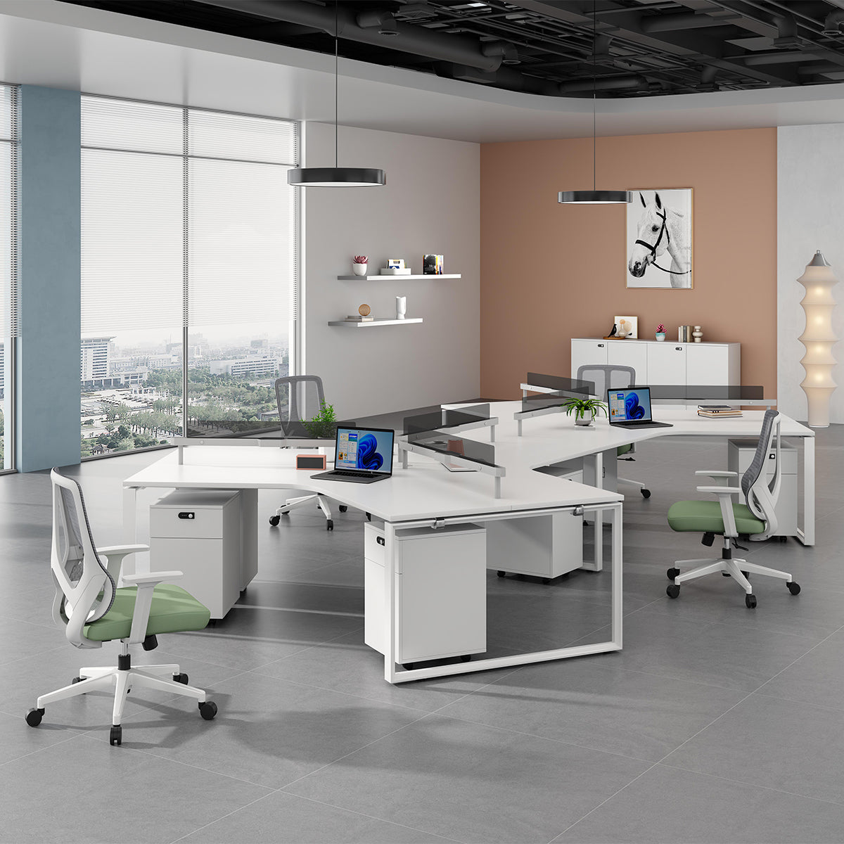 ワークデスク　事務机　U字型オフィスデスク　PCデスク　パーティション　エコ板材　スチールフレーム　オフィスデスク　シンプル　ホワイト　MG-BGZ-LLS16