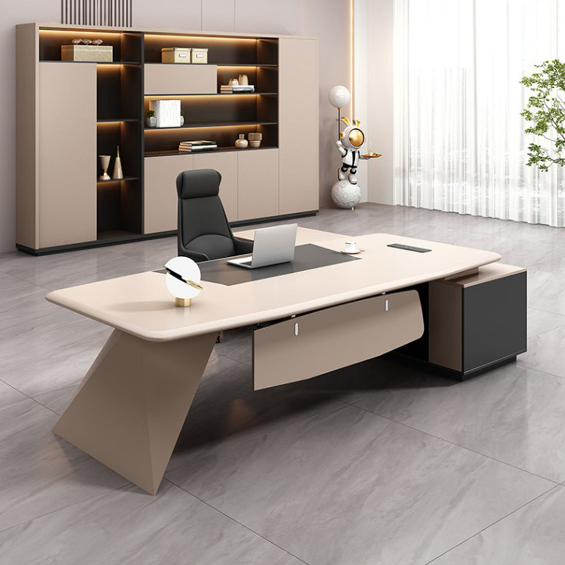 高級エグゼクティブオフィスデスクセット　オフィスデスク　大容量収納　配線整理　安全ロック　多機能セット　高剛性繊維板　焼付塗装仕上げ　暗証番号ロック　配線ボックス　厚肉円角天板　モダンスタイル　シンプル洗練　ベージュ 　カスタマイズ可能　SL-LBZ-001