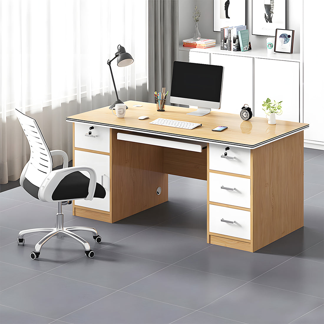 オフィスデスク　オフィス　デスク　ロック付き収納　R加工　パーティション　シンプル　快適　耐久性　SL-BGZ-052