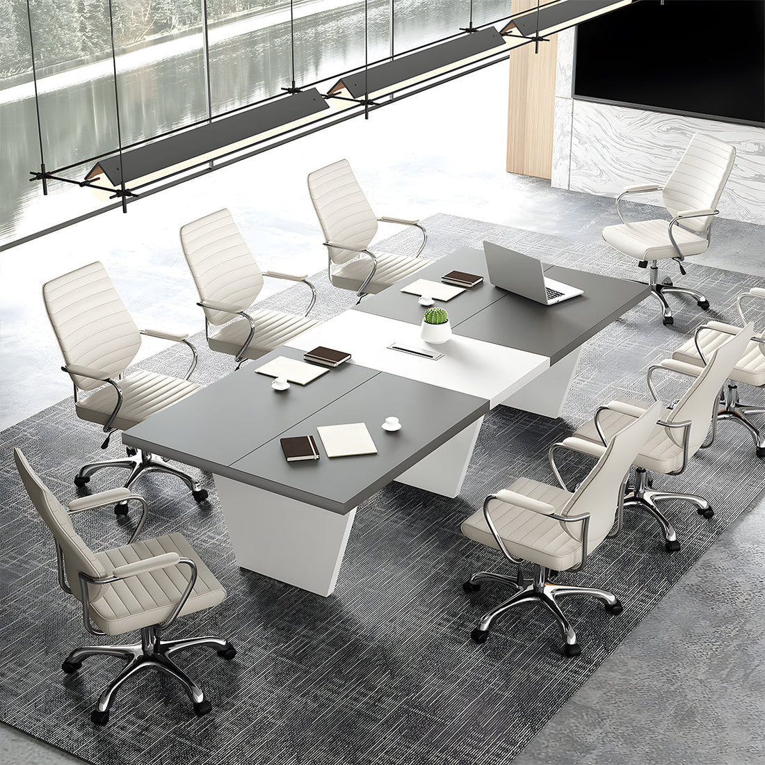 会議用テーブル　テーブル　会議用　シンプル　機能的　安定感　台形脚　配線ボックス　グレー　ホワイト　MBS-HYZ-3002