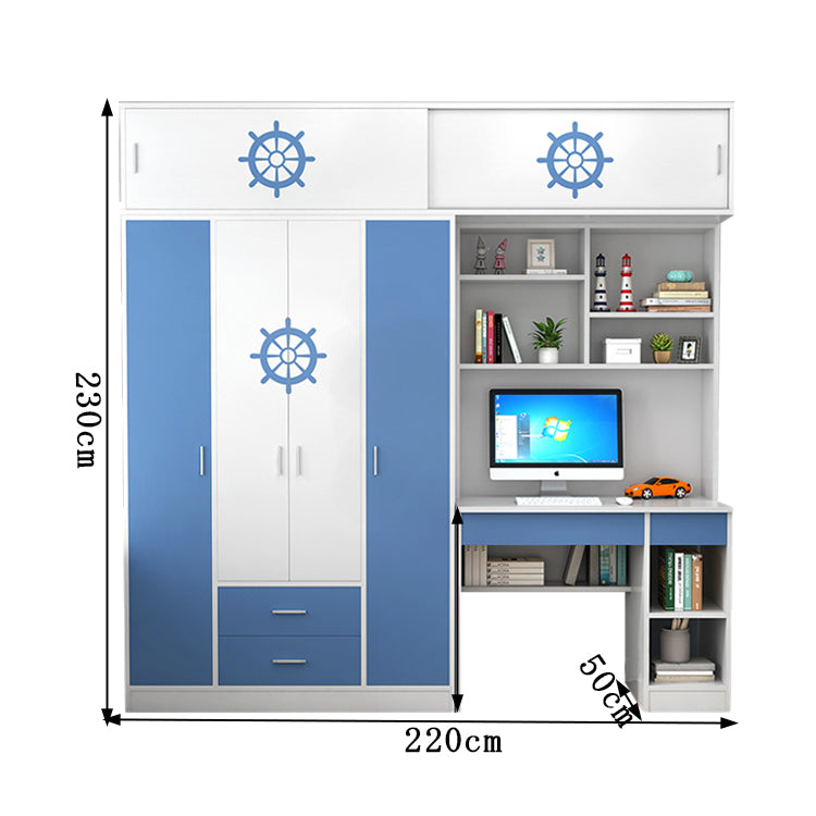 一体式　子供用　木製　両開き　パソコンデスク付き　ハンガーパイプ　多機能　クローゼット　衣類収納　ワードローブ　シンプル　ブルー　ピンク　YG-T042　tomokagu