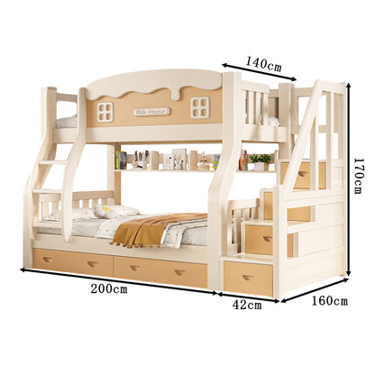 棚付き　引き出し付き　木製フレーム　階段付き　はしご付き　二段ベッド　ベッド　ベッドフレーム　収納ベッド　兄弟　姉妹　子供用　高い安全性　シンプル　ベージュ　SCC-T002　tomokagu