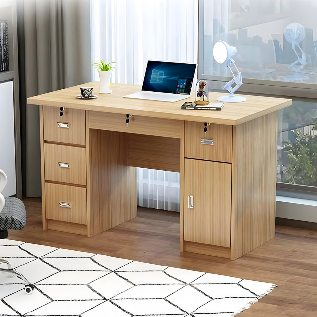 オフィスデスク　収納付きデスク　シンプルデスク　広々とした天板　引き出し付き　R加工　突き板　厚天板　カスタマイズ可能　BGZ-T184