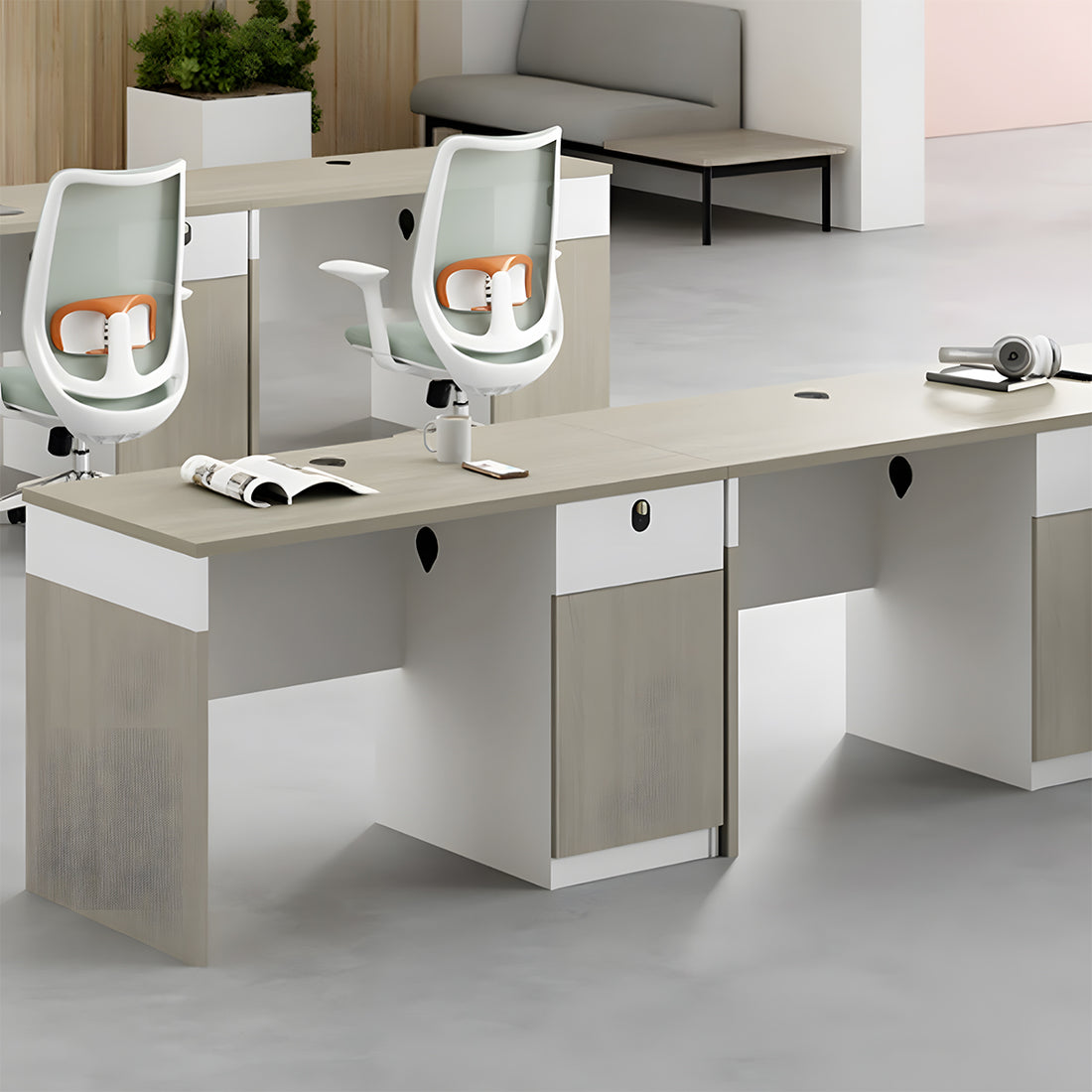 オフィスデスク　収納付きデスク　シンプルデスク　メラミン樹脂積層板　ダイヤル錠　厚天板　サイドキャビネット　コードスリット　配線孔　BGZ-T182