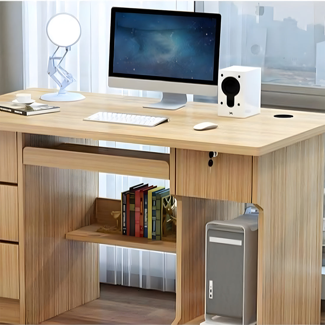 オフィスデスク　収納付きデスク　シンプルデスク　広々とした天板　引き出し付き　R加工　突き板　厚天板　カスタマイズ可能　BGZ-T184