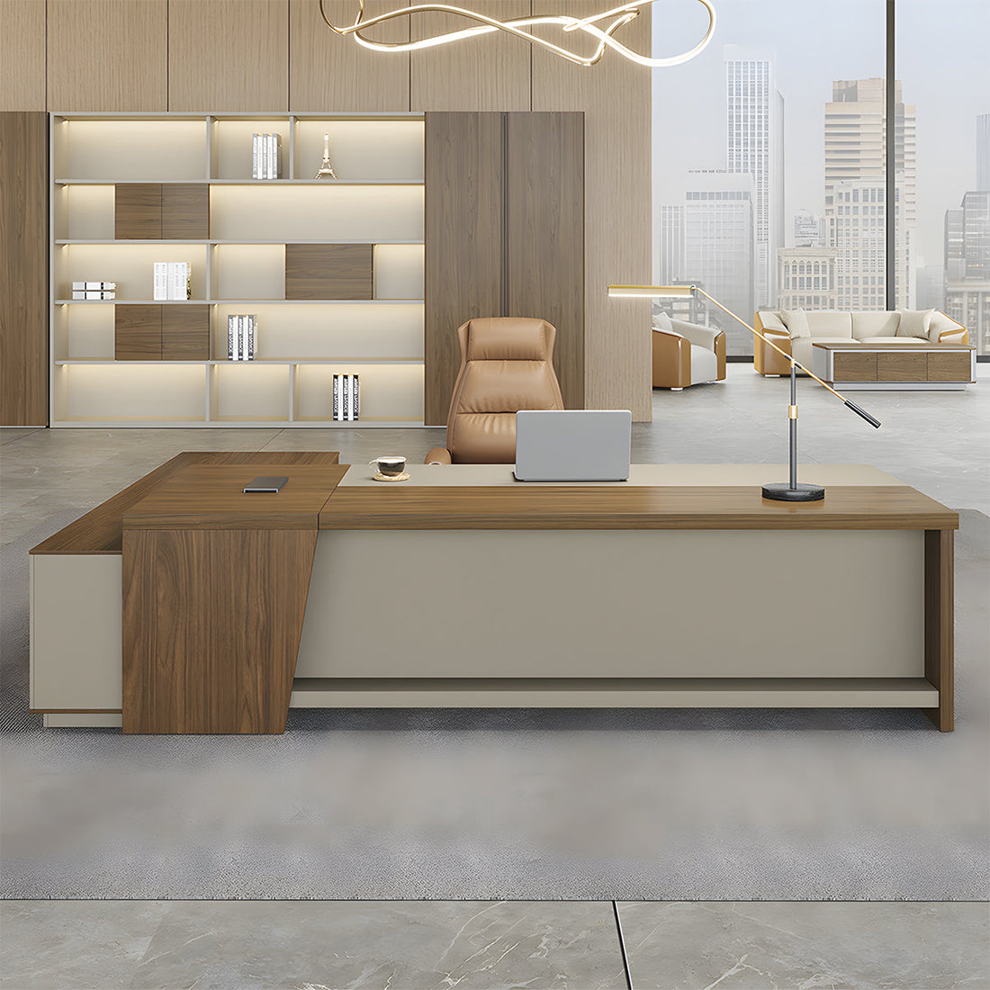 社長机　会長デスク　経営者デスク　引き出し付き　ダイヤル錠　収納スペース　PC収納　幕板付き　ナチュラル　会社用　LBZ-2142N