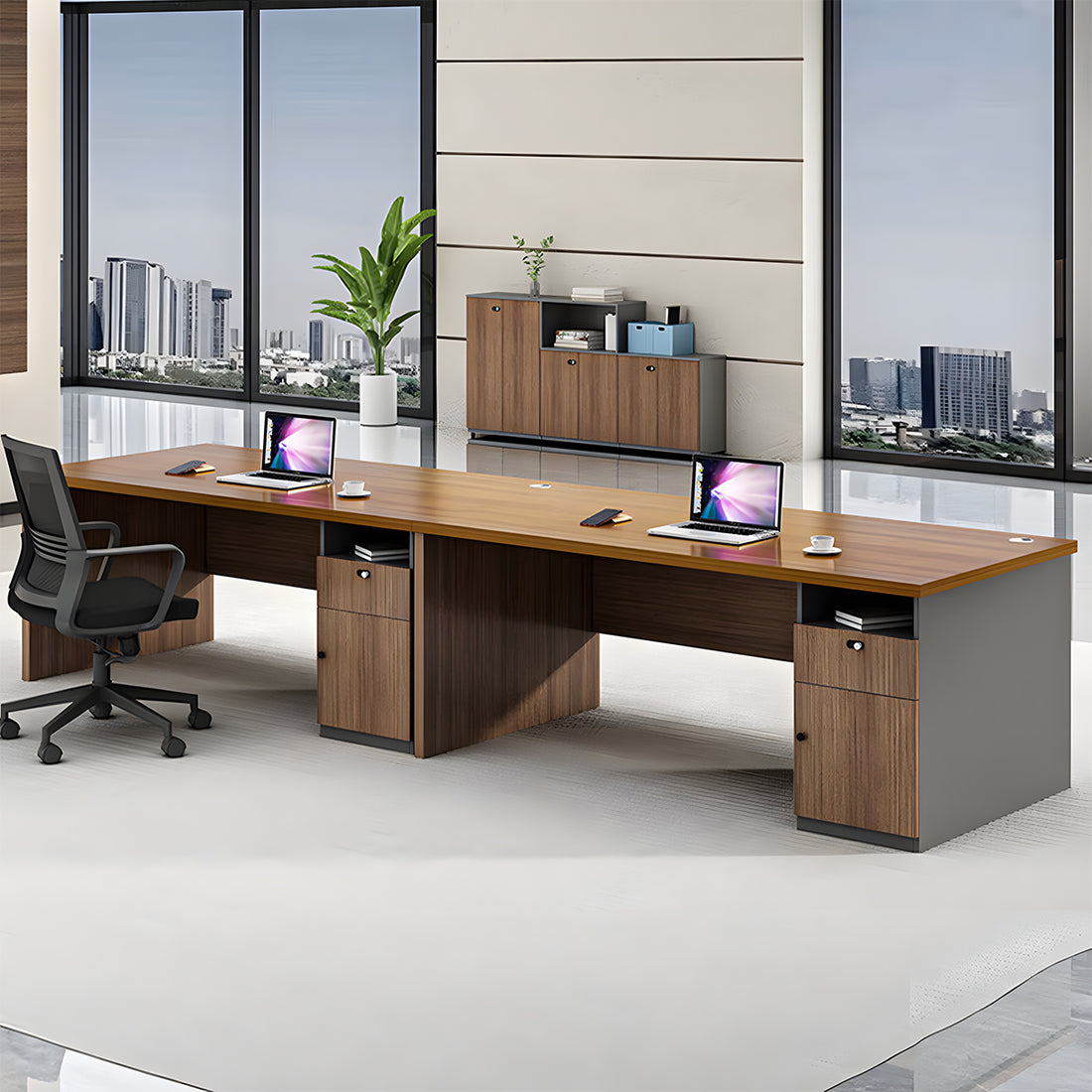 オフィスデスク　事務机　ワークデスク　収納スペース　サイドキャビネット付き　エコ素材　木目調　シンプル　BGZ-T180