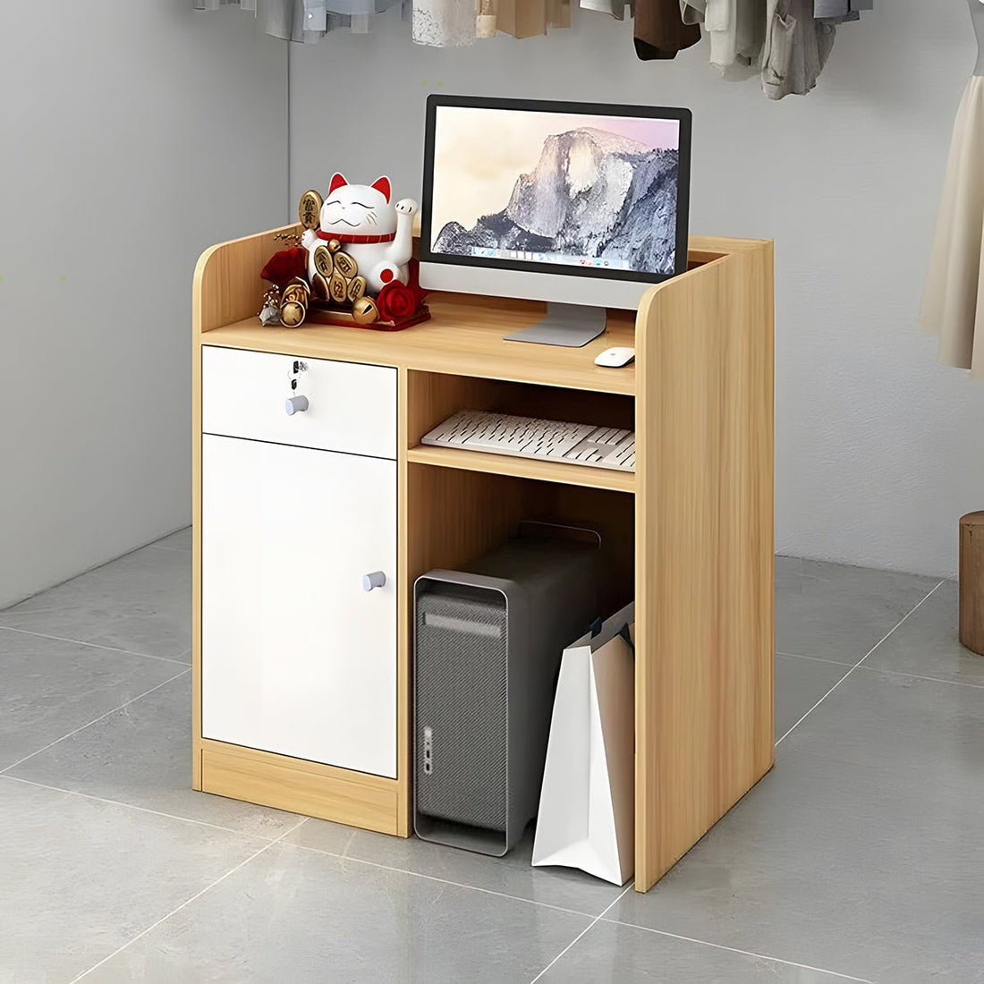 受付カウンター　受付台　オフィス受付　レジカウンター　作業台　店舗用　鍵付き引き出し　キャビネット　配線穴付き　木目調　カスタマイズ可能　JDT-K-100  