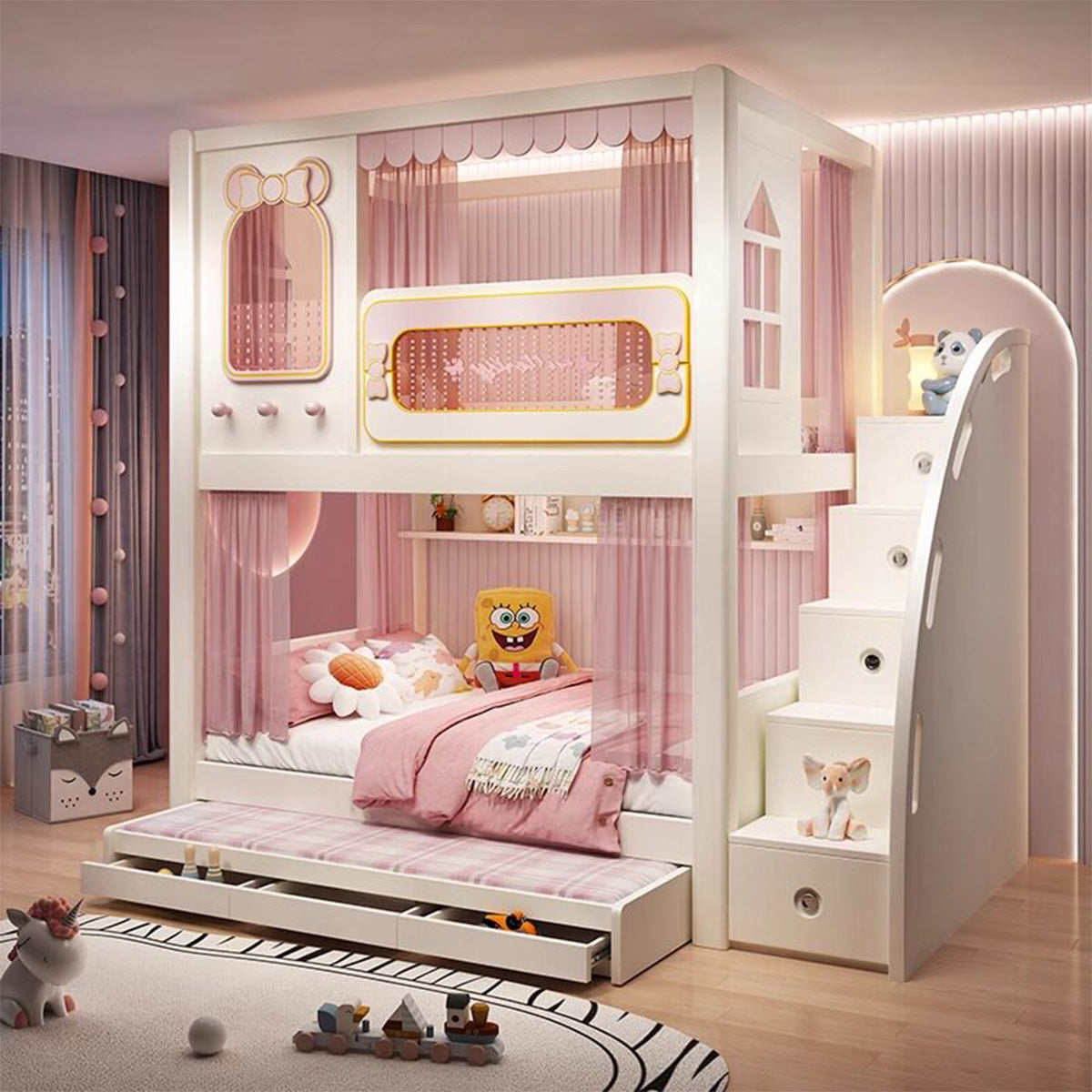 二段ベッド　キッズベッド　収納付き二段ベッド　子供部屋用ベッド　全周式安全栅　落下防止設計　収納スペース付き　モダンキッズデザイン　ホワイト　SCC-S072