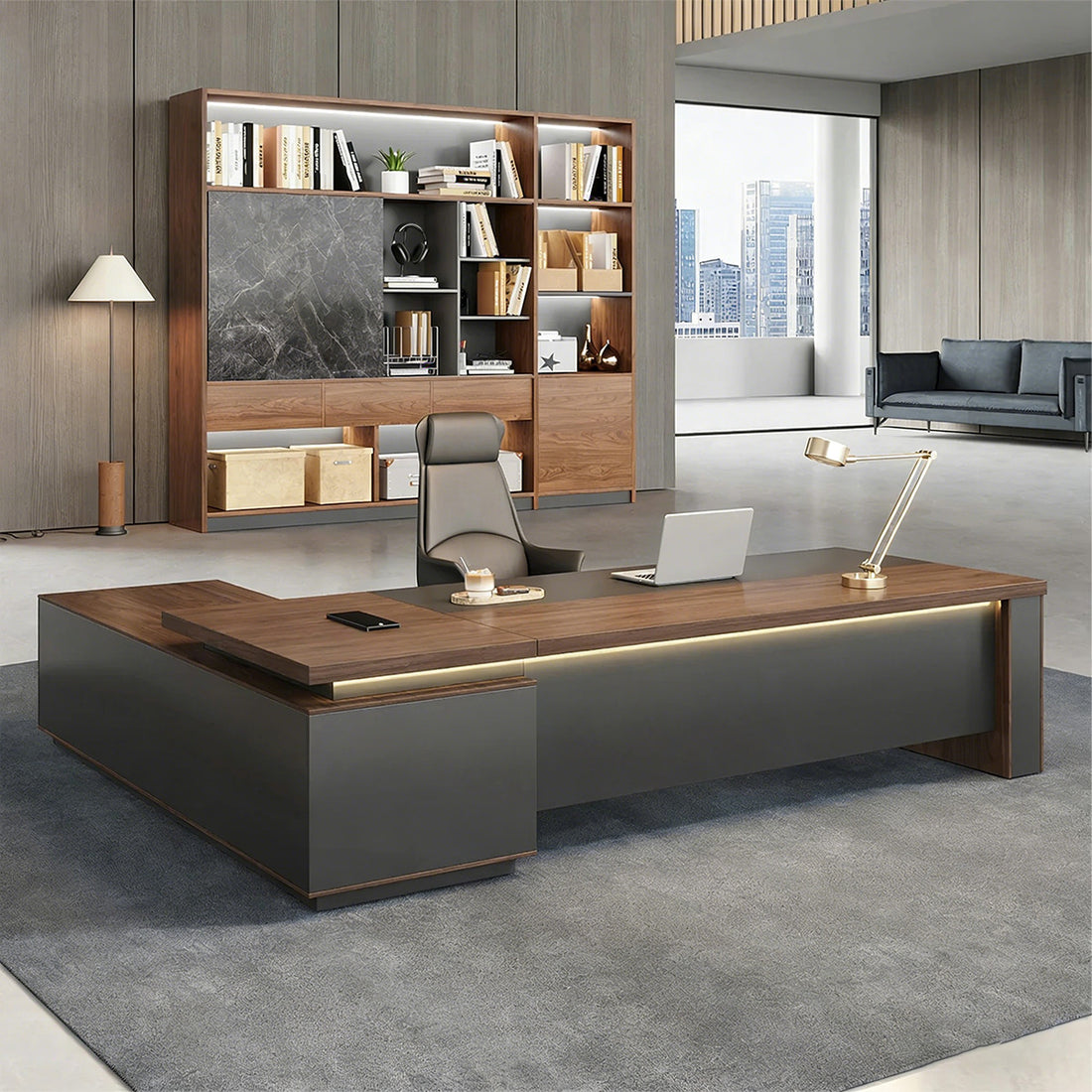 社長デスク　オフィスデスク　オフィス用　デスク　事務机　L型　現代　広々　ダイヤルロック　サイド収納スペース　ウォールナット　LBZ-2143N