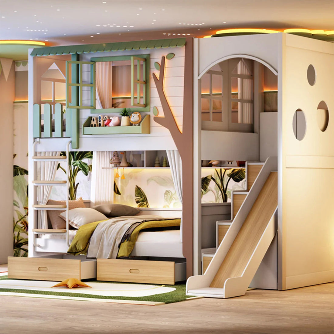 システムベッド　二段ベッド　子供用ベッド　収納付きベッド　多機能ベッド　無垢材の柱　耐荷重性　エコ素材　全囲みガード　ツリーハウス風　かわいい　ナチュラル　ホワイト　SCC-C092
