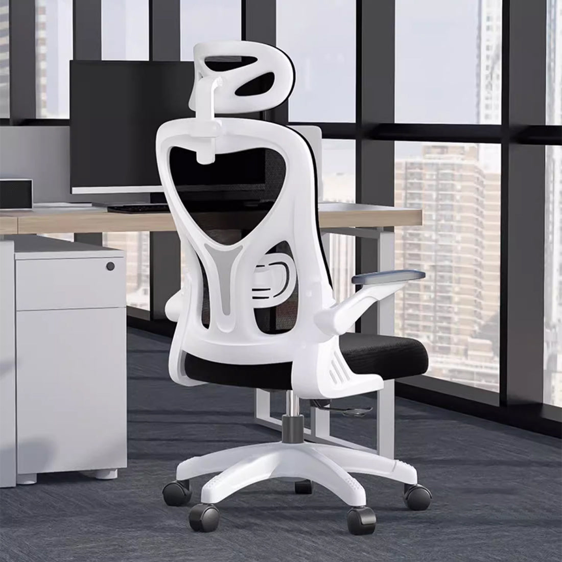 可動肘　座面昇降　跳ね上げ式　ヘッドレスト付き　S字構造　高反発ウレタン　ラテックス　オフィスチェア　デスクチェア　メッシュチェア　椅子　在宅勤務　ブラック　ホワイト　BGY-T001