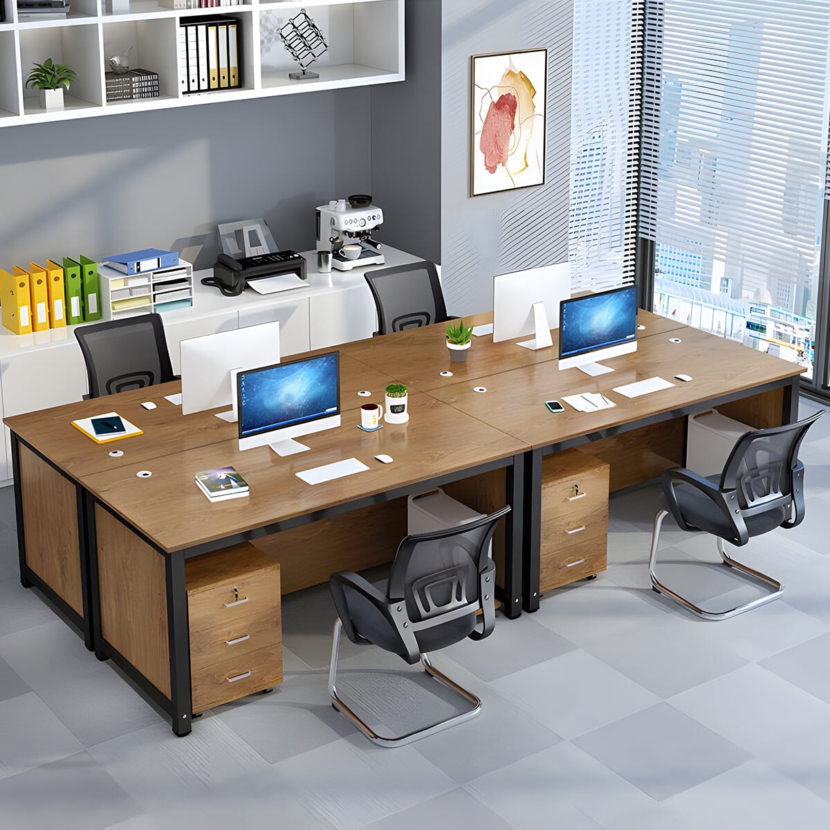 オフィスデスク　事務デスク　オフィス用　木目調　PCカート付き　引出し付き　錠付き　配線孔付き　ホワイト　カスタマイズ可能　