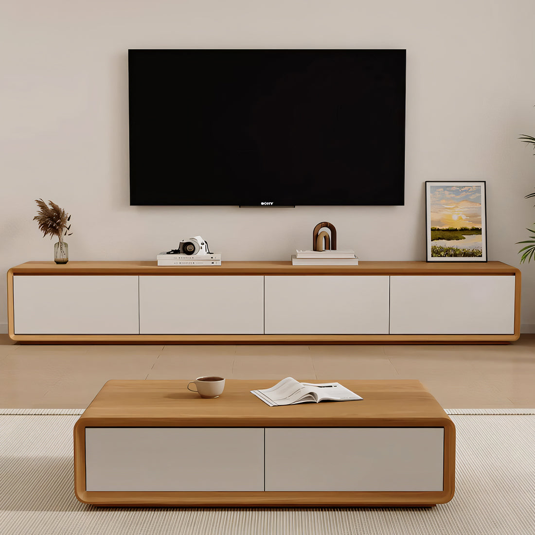 テレビボード　テレビ台　TVボード　通気孔付き　通気性　天然木　ラバーウッド材　引き出し付き　扉付き収納　分類収納　巾木避けデザイン　DSG-T019