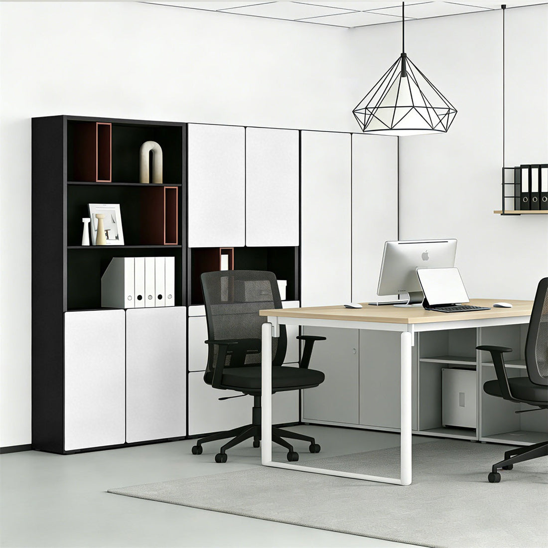 オフィス収納キャビネット　メラミン化粧板　大容量収納　耐荷重　丸型脚　プッシュオープン扉　カスタマイズ可能　CWG-H0-G0