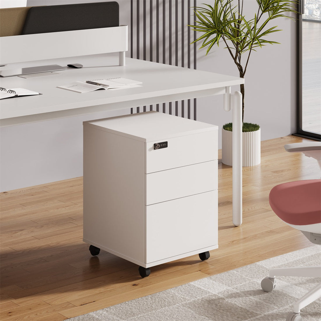 デスクワゴン　サイドワゴン大容量　ダイヤルロック付き　メラミンボード　職場用　職員デスク　袖机　キャスター付き　H0-GZ