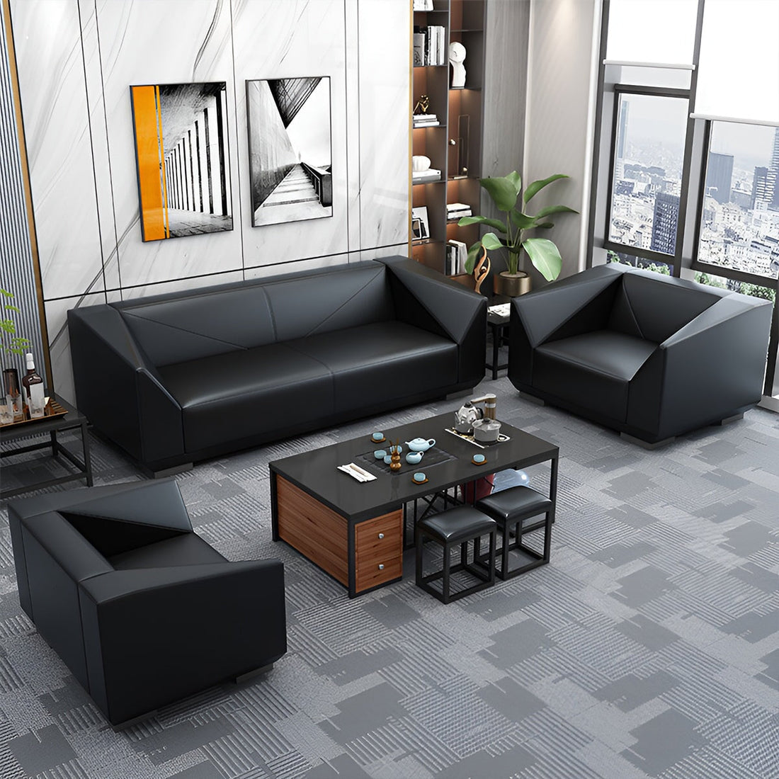 ソファー　応接ソファー　室内　インドア　応接用　革　通気性　フィット感　ウレタンフォーム　幾何学　天然木　スタイリッシュ　モダン　ブラック　カスタマイズ可能　JDZH-K004   