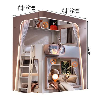二段ベッド　親子ベッド　子供用ベッド　キッズベッド　カーブフレーム　カーテン付き　階段収納一体型　多段収納棚付き　転落防止柵　角丸安全設計　ピンク系　ミニマル　カスタマイズ可能　SCC-C097