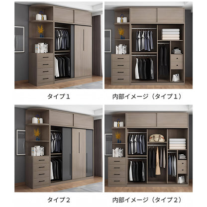 クローゼット　スタイリッシュ　モダン　オープン収納　引き出し付き　扉付き収納　収納力抜群　大容量　エコ素材　メラミン化粧板　ハンガーパイプ　幕板付き　取っ手　YG-T090