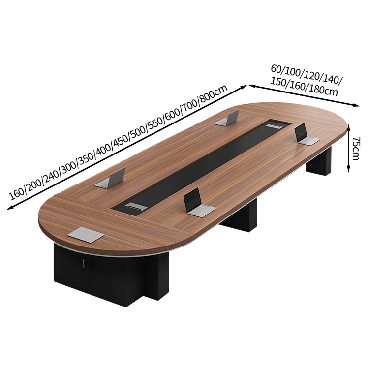 モダン　木目調　丸み　広々　どっしり　ミーティングテーブル　会議テーブル　配線ボックス　サイドキャビネット　メラミン化粧板　カスタマイズ可能　HYZ-T008　tomokagu