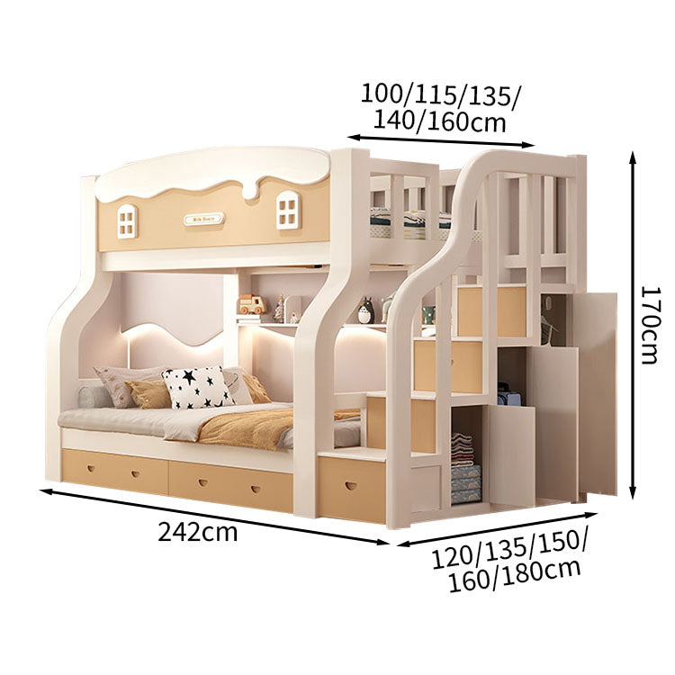 棚付き　引き出し付き　木製フレーム　階段付き　はしご付き　二段ベッド　ベッド　ベッドフレーム　収納ベッド　兄弟　姉妹　子供用　高い安全性　シンプル　ベージュ　SCC-T002　tomokagu