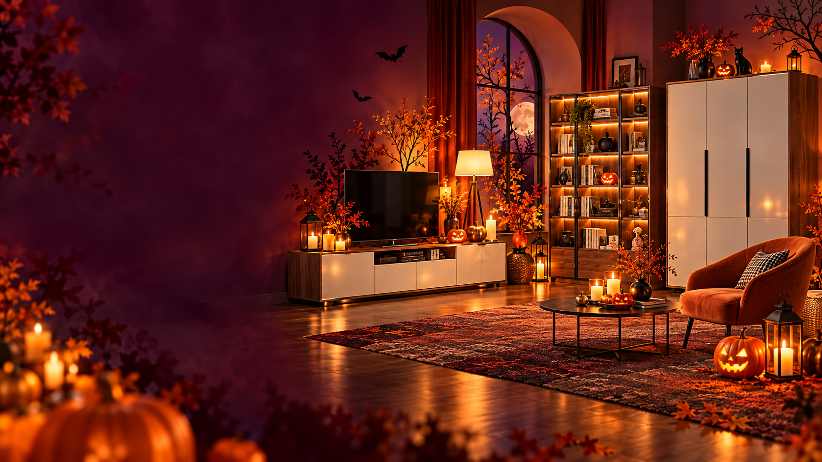 ハロウィンの灯りに包まれたインテリア家具